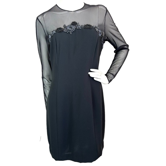 90s Myles Studio Dress Beaded Illusion Size 12 Large Long Sleeve Sheath ILGWU - Picture 2 of 10